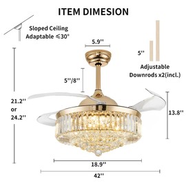 liangeight 42 Inch Fandelier Ceiling Fan with Light, Chandelier Ceiling Fan for Bedroom Living Room, Dimmable, 6 Wind Speed. Reversible Motor, Memory Function-Gold
