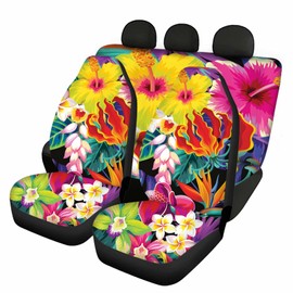 Forchrinse Hawaiian Style Full Set Car Seat Cover for Women Girls - Colorful Hibiscus Flower Plumeria Flower Tropical Auto Seat Cover Protector