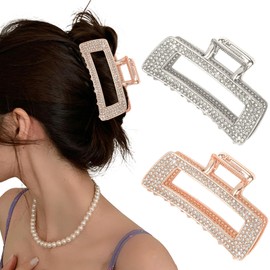 CURASA Rhinestone Hair Claw Clips For Women 2PCS Rectangle Crystal Jaw Clip Strong Hold Elegant Bling Hairclip Sliver & Rose Gold Metal Clawclips For Styling Wedding Party Accessories For Thin Thick