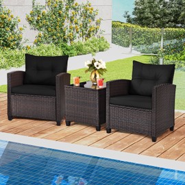 ORALNER 3 Pieces Patio Furniture Set, Outdoor Wicker Conversation Set Rattan Chairs with Cushions, Glass Coffee Table, Bistro Set for Front Porch Balcony Garden Deck Poolside (Black)