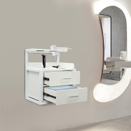 Suspended Salon Wall Cabinet, 15.75"D x 11.81"W x 18.9"H Wall Mounted Salon Storage Cabinet with 2 Storage Drawers & Hair Dryer Stand for Beauty Salon SPA, Barber Shop, Home & Bathroom (Silver+White)