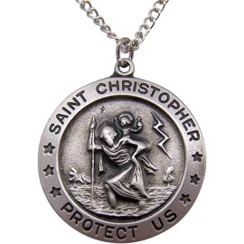Wowser Saint Christopher Silver Tone Pendant Necklace, Protect Us Laminated Prayer Card