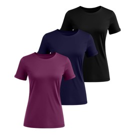 Huukeay 3 Pack Women's Cotton T Shirts Casual Short Sleeve Tunic Tops Crewneck Summer Plain Basic Loose Fit Tee(Black, Fuchsia, Navy Blue,Large)