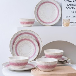WHITEPEONY Dinnerware Set Pink Stoneware 12 Pieces Service for 4, Stoneware Plates and Bowls Set Highly Chip and Crack Resistant Stoneware Set, Dishwasher Microwave Safe Dishes set