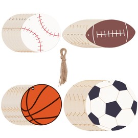 SOFPLATE 40 Set 4 Styles Wood Sports Cutouts Unfinished Wood Crafts Football 40Pcs Ball Slices 40Pcs Twines Baseball Basketball Wooden Hanging Ornaments for DIY Project Sport Themed Party Decorations