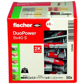 Fischer DuoPower 8 x 40 S, Powerful Universal Plug with Safety Screw, Intelligent 2-Component Technology for fastenings in Concrete, Bricks, Stone, Gypsum plasterboard, etc., 50 Plugs & 50 Screws
