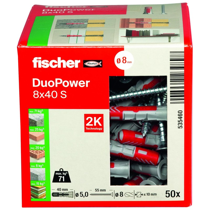 Fischer DuoPower 8 x 40 S, Powerful Universal Plug with