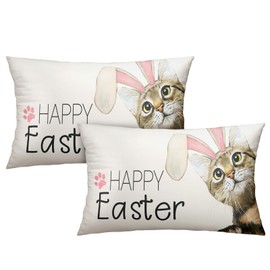 Cofox Easter Lumbar Pillow Covers 12X20 Set of 2 Cat Rabbit Ears Happy Easter Throw Pillow Cases Spring Holiday Pillowcase Farmhouse Decorative Cushion Cover Protector for Sofa Couch Bed Double Side