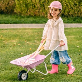 ROBOTIME Kids Wheelbarrow with Gardening Set – Metal Wheelbarrow Toddler Outdoor Play Toy with Garden Tools, Watering Can & Plant Labels, Pretend Play Yard Equipment for Boys and Girls (Pink)