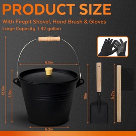 KEFIY Small Ash Bucket with Lid and Shovel, Metal Fireplace Ash Bucket with Broom, Complete Fireplace Tools Set for Wood Stove and Fireplace, Black