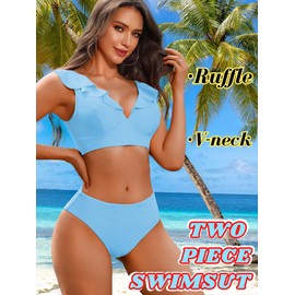 Kaei&Shi Ruffle Two Piece Swimsuit for Women,Cheeky Bikini Sets,Full Coverage Bathing Suit Light Blue Large