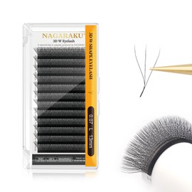 NAGARAKU 3D W Eyelash Extensions, W Shape Eyelash Extension, Self-Fanning Lash, Pre-Fanned Ready-to-Use Fan Weave with Long Handle, Premade Fans Volume Cluster, Matte Black (0.07 mm, L Curl, 13 mm)