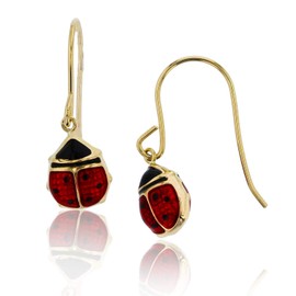 14K Yellow Gold 8x23mm Red & Black Enamel Lady Bug Dangling Fish-Hook Earring | 8x23mm | Drop Earring | 14k Gold Earring For Women