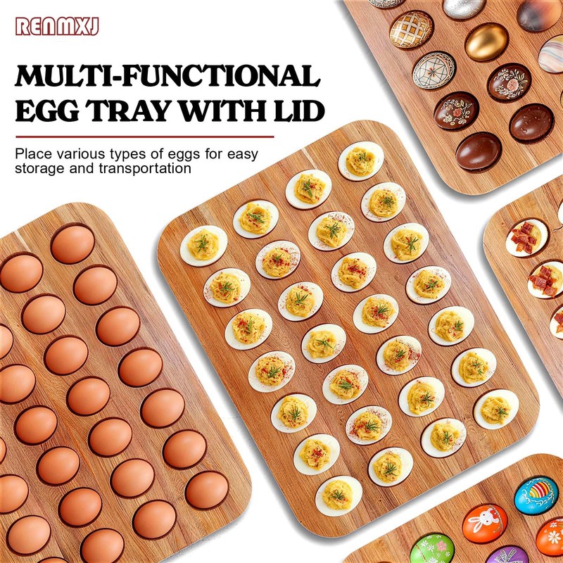 Renmxj Deviled Egg Containers with Lid, 28 Holes Reversible Acacia