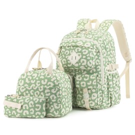 Lrenagao 3Pcs Corduroy School Backpack for Girls, Kids Teens Large Capacity School Bag Bookbags Set Casual Daypack Fits 15.6 inch Laptop with Lunch Box and Pencil Case (Corduroy Leopard Green)