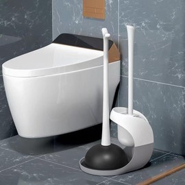 OCAR Juego de escobilla y desatascador para Inodoro, Kit de Limpieza de baño 2 en 1 para Limpiar inodoros y desagües obstruidos, escobilla de Inodoro con Soporte y desatascador eficiente