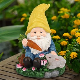 NATASE Solar Garden Outdoor Statues Gnome Feeding Rabbit with 6 LED Solar Figurine for Lawn,Patio,Balcony,Yard Decor Unique Housewarming Gift, for Grandfather, Father,Grandma