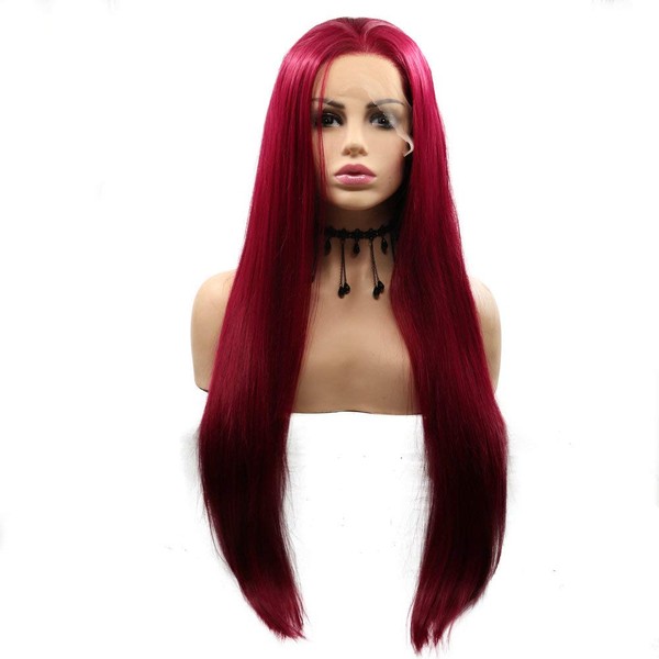26inch Wine Red Synthetic Lace Front Wig Long Straight Synthetic Wigs for Fashion Women Cosplay Party Glueless Heat Resistant Fiber Hair (Wine Red)