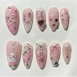 Pink Press on Nails Long Almond Fake Nails Rose Flower Bow with Pearl Design Star Rhinestone False Nails Gradient Stick on Nail Full Cover Acrylic Glue on Nail for Women DIY Salon Manicure Kit