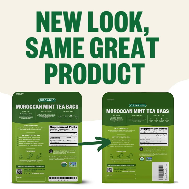 FGO Organic Moroccan Mint Green Tea, 100 Count, Eco-Conscious Tea