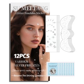 SUMEITANG Glitter Freckles Face Tattoo Patches - 12PCS Temporary Sparkle Face Stickers with 10 Remover Wipes | Waterproof Festival Rave Party Makeup Accessories for Women Girls (Silver)