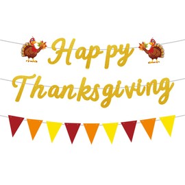 ANFEST Gold Glitter Happy Thanksgiving Banner with Turkey Themed，Pre-Strung Festive Decor for Harvest Celebrations at Home or Office Party Setup