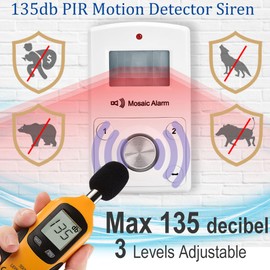 135dB Remote Motion Sensor Alarm Loud Sound for Garage, Shed. Portable Battery Operated Keypad Alert for Travel, Camp. Freestanding Indoor Home Intruder Burglar Security Siren. Cordless or USB Power
