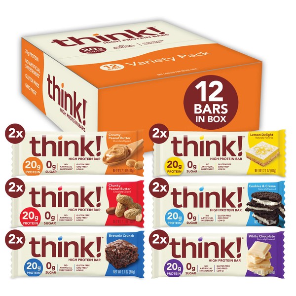 think! Protein Bars, High Protein Snacks, Gluten Free, Kosher Friendly, Best Seller Variety Pack, Nutrition Bars, 2.1 Oz per Bar, 12 Count (Packaging May Vary)