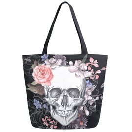 ZzWwR Skull and Flowers Day of The Dead Extra Large Canvas Market Beach Travel Reusable Grocery Shopping Tote Bag Portable Storage HandBags