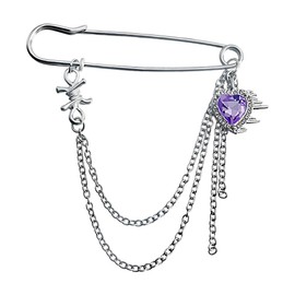 Rhinestone Heart Safety Pin Brooch with Chain Tassel Purple Crystal Heart Charms Silver Brooch Y2K Jewelry Brooches Pins with Layered Hanging Chain Cloak Sweater Scarf Shawl Pin Clip for Clothes