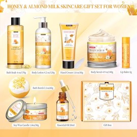 Regalos para mujeres, regalos de cumpleaños para mujeres, set de regalos de 9 piezas de leche de almendra y miel para baño y cuerpo, cesta de regalos 