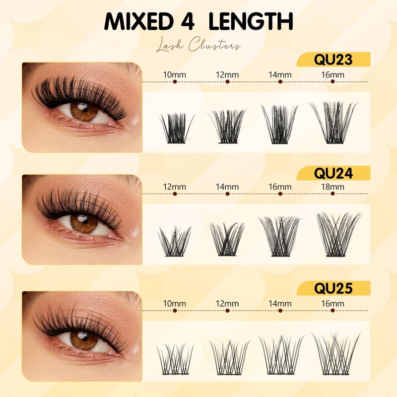 QUEWEL Lash-Cluster Kit 144Pcs D Curl Mixed 3 Styles Eyelashes-Individual
