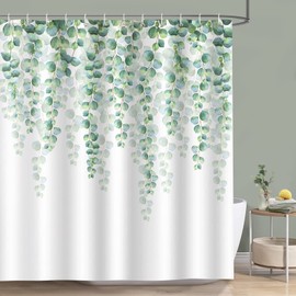 Bonhause Shower Curtain Eucalyptus Green Leaves Plant Shower Curtains 180 x 180 cm Anti-Mould Waterproof Polyester Fabric Washable Bathroom Curtain for Bathroom with 12 Hooks