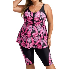 Hanna Nikole Damen Große Größe Bauchweg Freizeit Tankini Push Up Bekleidung für Mollige Frauen Red Tropical Leaves 26
