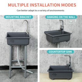 Freestanding Single Bowl Utility Sink, Kitchen Wall-Mounted Sink 16.9 x 12.8 Inch With 1.26 inch faucet hole, Plastic Sinks for Home, Restaurant, Dorm, Garage, Bathroom,Laundry