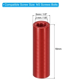 PATIKIL 6pcs M3 Metal Threaded Standoff Spacer Nuts, Round Aluminum Spacers Female Coupling Screws, 1/8" ID x 3/16" OD, Red, (18mm L)