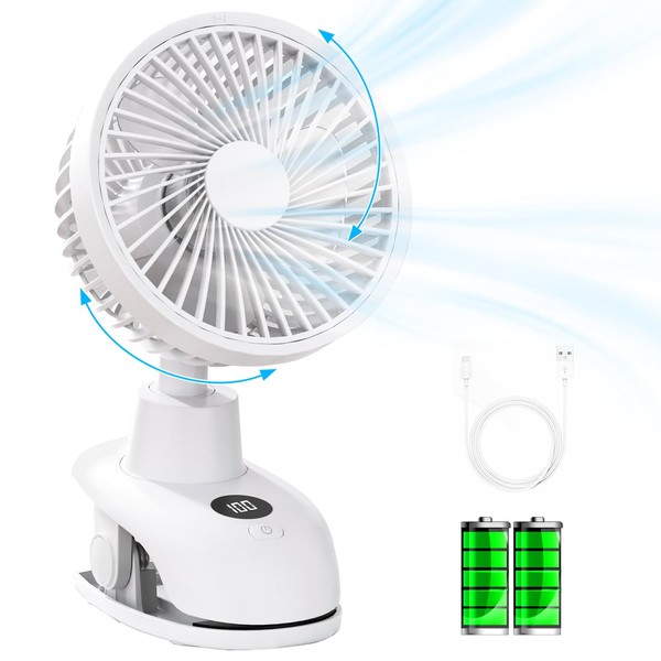 Desktop USB Clip Fan, Automatic Oscillation, LED Display, Fan, Ultra Strong Wind, 4 Level Adjustment, 7,500 mAh, Long Time Continuous Use, Portable, Silent, Mini Fan, Smart Rapid Charging, 360 Degree