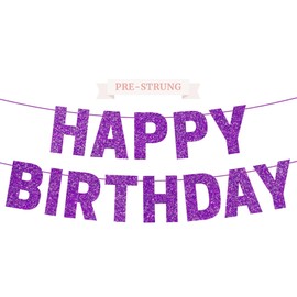 Pre-strung Happy Birthday Banner - No DIY - Purple Glitter Happy Birthday Party Banner for Girls & Women - Pre-strung on 8 ft Strands - Purple Bday Party Decorations & Decor. Did We Mention No DIY