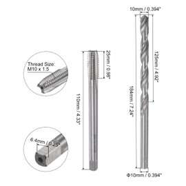 sourcing map Tip & Bit Sets, M10 x 1.5 H2 Straight Flute Machine Tap 110 mm Extra Long, 10 mm High Speed Steel (HSS) Twist Drill