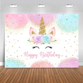 Mocsicka Unicorn Birthday Decorations Unicorn Backdrop for Girls Birthday Party 10x7ft Pastel Rainbow Unicorn Glitter Stars Dots Happy Birthday Banner Photo Booth Props