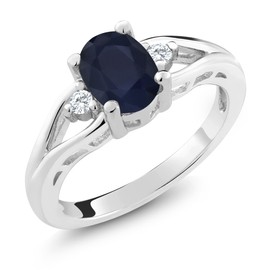 Gem Stone King 1.83 Cttw Blue Sapphire and White Created Sapphire 3 Stone Engagement Ring For Women In 925 Sterling Silver | Oval 8X6MM | Round 2MM | Gemstone Birthstone | Available in Size 5,6,7,8,9