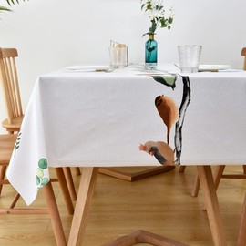 LOHASCASA Wipeable Tablecloth Spillproof Plastic Oilcloth PVC Vinyl Waterproof Long Rectangle Weights Heavy Duty Peva Reusable Tablecloth for Thanksgiving Party Luau White Bird 54x108 Inch