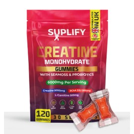 Suplify, Max 5000mg, 120 Creatine Monohydrate Gummies, Added 500mg BCAAs + 500mg L-Carnitine, Seamoss + Probiotics, Vegan & Sugar-Free, Premium Pre-Workout, Gym Supplement (1 Month Supply)(Strawberry)