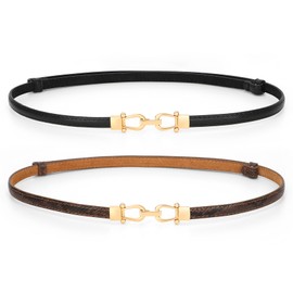 XZQTIVE Women's Skinny Leather Belt, Adjustable Thin Waist Belt, Fashion Buckle Belt for Dress, Black + Brown, 1-Black+Brown