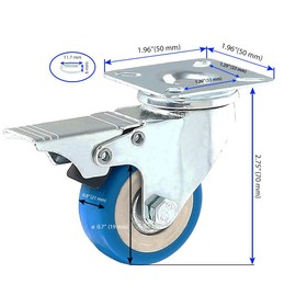 12 Pack with Brake Caster Wheels Swivel Plate Casters On Blue Polyurethane Wheels PU