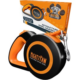 Mighty Paw- Correa retráctil para perros 2.0 | 16’ Heavy Duty - Cable de cinta de nylon reflectante | para mascotas de hasta 110 libras |. Diseño sin enredos con sistema de frenado de bloqueo rápido con solo un toque y mango antideslizante. (Naranja/Están