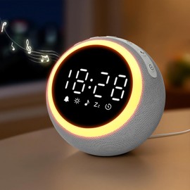 HUO JI Light Alarm Clock, White Noise & Light Included, 25 Soothing Sounds, 16 Levels of Volume Adjustment, Stepless Dimming, Alarm & Timer & Snooze Function, Indirect Lighting, Tabletop, Noise Countering, Sleeping, Music Box, Baby, Adult, Compact (Gray)