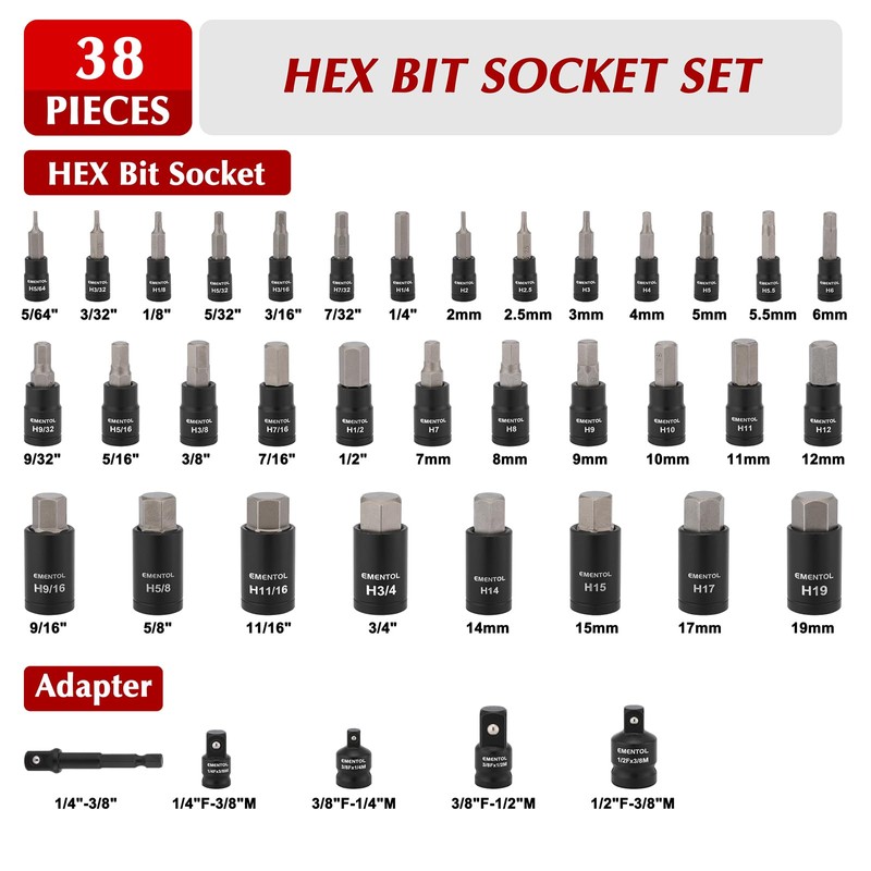 EMENTOL 38PCS 1/4" 3/8" 1/2" Drive Allen Hex Bit Socket