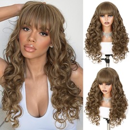 WIGER Glueless Long Curly Wigs 22 Inches Body Waves Layered Wig with Curtain Bangs for Black Women Natural Looking Heat Resistant Synthetic Fiber Wig For Daily Party (Light Brown)