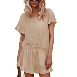 Ekouaer Women Short Pajamas Sets 2 Piece Short Sleeve Top and Shorts Pajama Sets Khaki Pjs Sets Cute Loungewear Set L